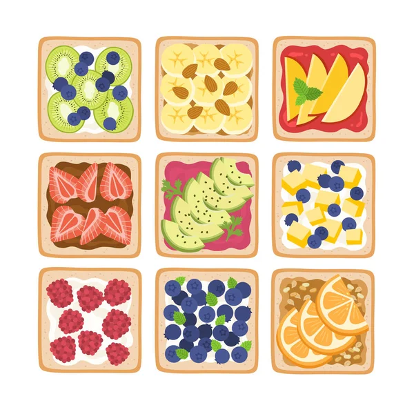 健康的早餐祝酒 三明治吐司与奶油奶酪 各种水果 种子和坚果 健康和节食的概念 — 图库矢量图片