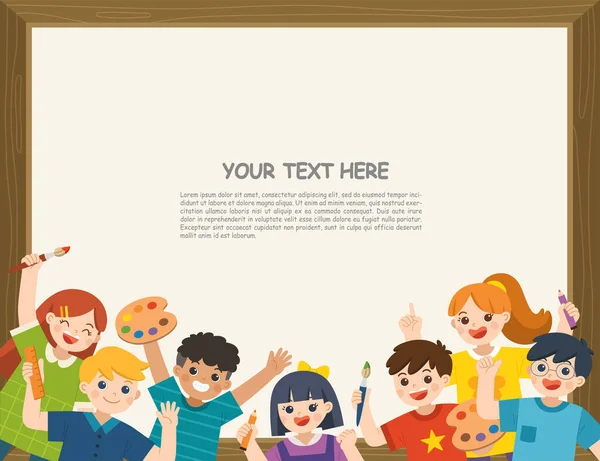 多文化快乐的孩子们在一起玩乐 准备一起画画 快乐的小学生 广告小册子模板 — 图库矢量图片