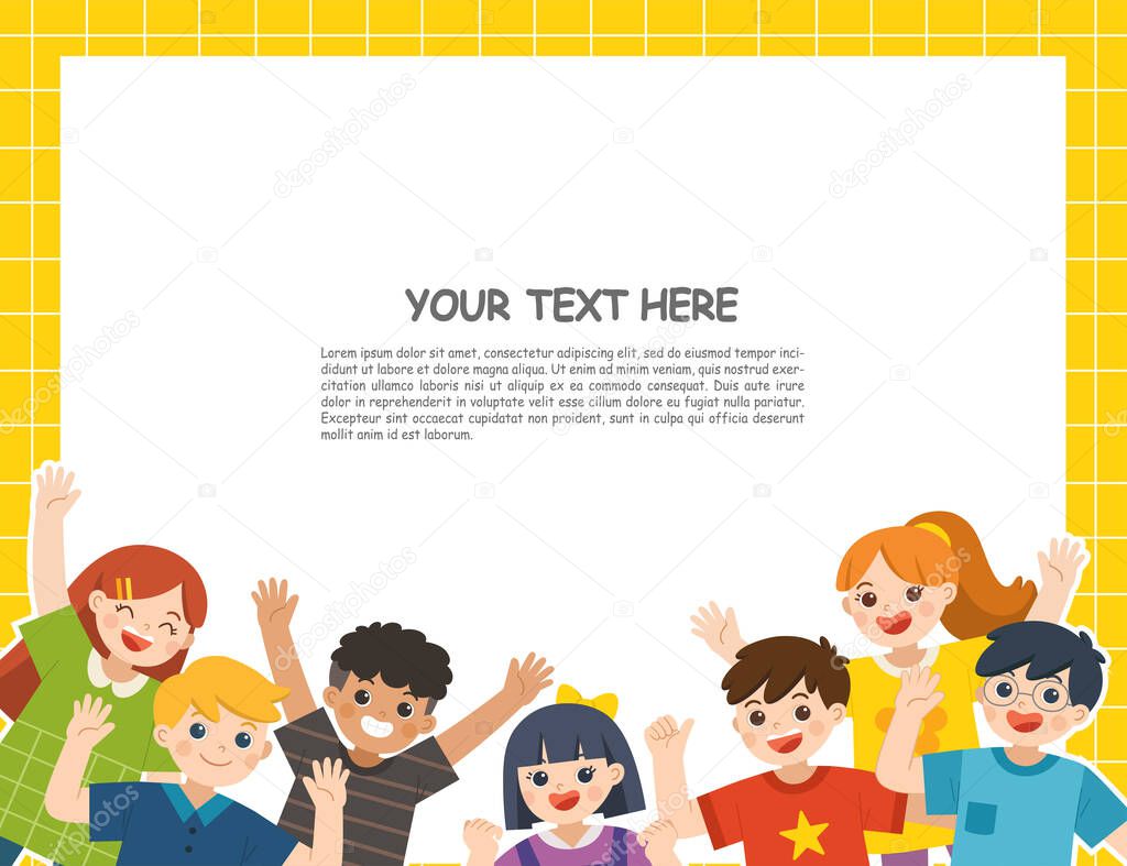 Group of Multicultural happy kids joyfully jumping and waving hands on white background. Cheerful elementary school students. Template for advertising brochure.