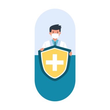 Doktorun kalkanı tıbbi ilaçlarla kaplı. Sağlık bakterisi virüs koruması. İlaç konsepti çizimine bağışıklığı arttır.