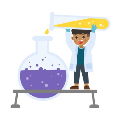Laboratuvarda bilimsel aletlerle çalışan küçük bir bilim çocuğu. Çocuğun kimya dersi var. Okula geri dön. Çocukla Kimya Eğitimi.