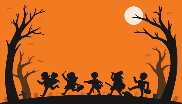 Silhouette Von Kindern Halloween Verkleidung Zum Tricksen Oder Behandeln Vorlage — Stockvektor