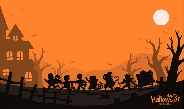 Frohes Halloween Silhouette Von Kindern Halloween Verkleidung Zum Tricksen Oder — Stockvektor
