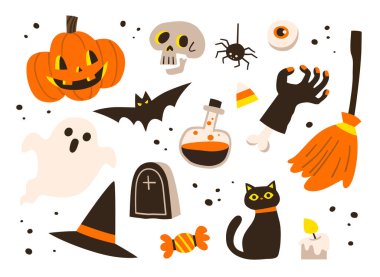 Cadılar Bayramı için ikonlar. Balkabağı, hayalet, yarasa, şeker, cadı şapkası ve Cadılar Bayramı temalı diğer şeyler.. 