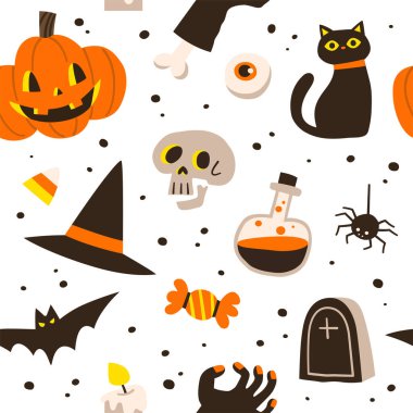 Cadılar Bayramı için örnek. Balkabağı, hayalet, yarasa, şeker, cadı şapkası ve Cadılar Bayramı temalı diğer şeyler. Vektörsüz desen.