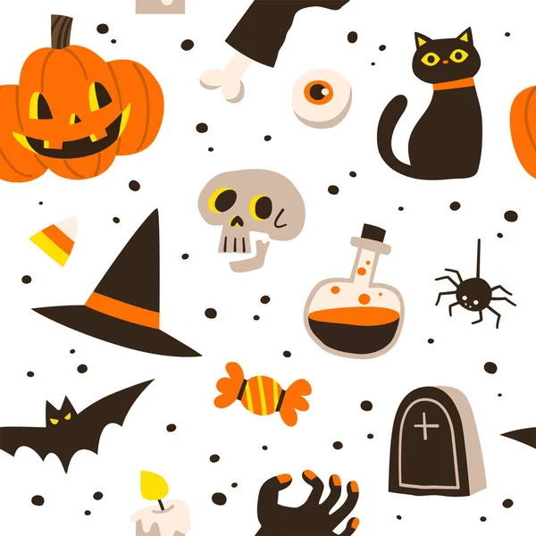 Patroon Voor Halloween Pompoen Geest Vleermuis Snoep Heksenhoed Andere Items — Stockvector