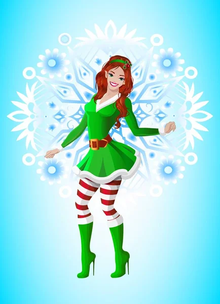 Mooie Elf Lady Wih Grote Sneeuwvlok Backround — Stockvector