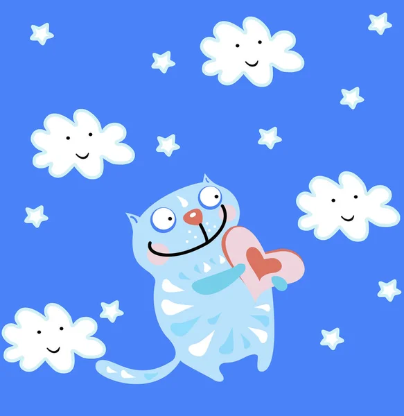 Cartoon Cat Clouds Blue Backround — Stock Vector