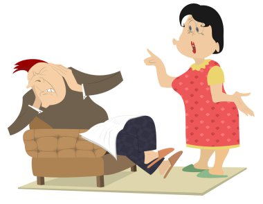 Erkek ve kadın arasında kavga illüstrasyon izole. Kadın adam koltukta, koltuk ve üzerinde beyaz izole ellerimden onun kulaklarını kapatır kızıyor