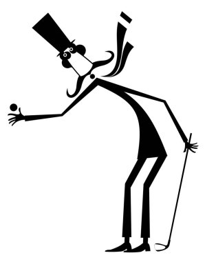 Uzun bıyık golfçü illüstrasyon izole karikatür. Silindir şapka erkekte bıyık gülümseyen golf siyah üzerinde beyaz illüstrasyon oynuyor 