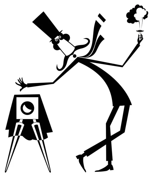 胡子复古摄影师插图孤立 卡通长胡子摄影师在顶部的帽子 使照片黑色的白色插图 — 图库矢量图片