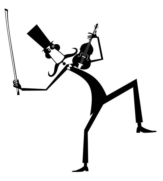 Иллюстрация скрипача с длинными усами изолирована. Улыбающийся усатый мужчина в цилиндре со скрипкой и скрипичным черным на белой иллюстрации
 
