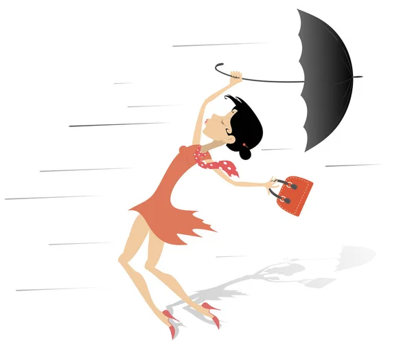 Windy Day Woman Handbag Umbrella Isolated Strong Wind Young Woman — Stock Vector
