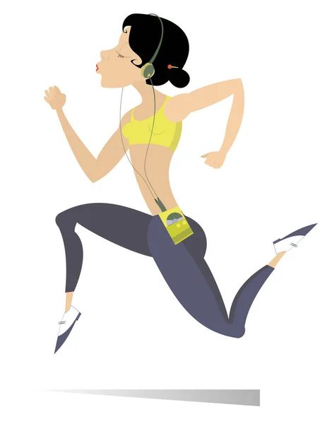 Running Young Woman Isolated Illustration Cartoon Young Woman Runs Listens — Stock Vector