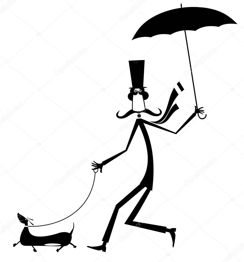 Mustache man walking with umbrella and dog isolated illustration. Mustache man in the top hat walking with a dog and umbrella black on white illustration
