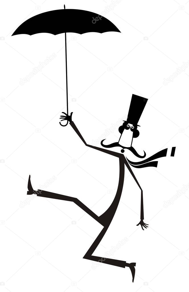 Mustache man in the top hat with umbrella isolated illustration. Mustache man in the top hat walking with umbrella black on white illustration