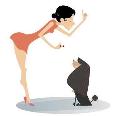 Gülümseyen genç kadın köpek izole bir şekilde eğitiyor. Gülümseyen genç kadın elinde küçük bir kemik tutan ve üzerinde beyaz izole bir köpek eğitiyor