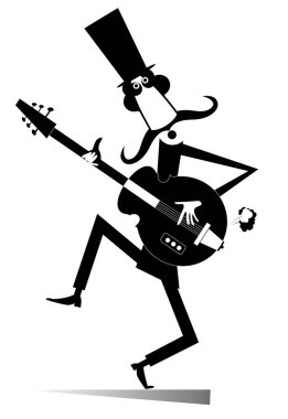 Gitar oyuncu illüstrasyon izole karikatür. Gülümseyen gitarist müzik üzerinde beyaz illüstrasyon izole büyük ilham ile elektrik gitarda çalıyor