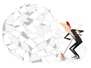 Gülümseyen adam toplama illüstrasyon izole karikatür. İşadamı gülümseyen çizgi film ofis kağıtları büyük bir top süpürge tarafından süpürür.