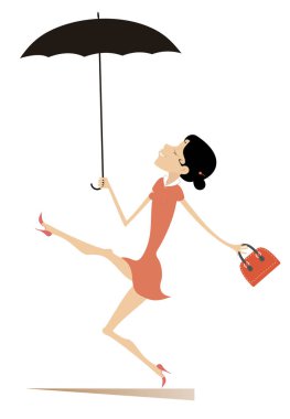 Şemsiye ve el çantası ile yürüyen gülümseyen kadın illüstrasyon izole. Güzel havası, gülümseyen genç kadın şemsiye ve üzerinde beyaz illüstrasyon izole yolda yürüme çanta