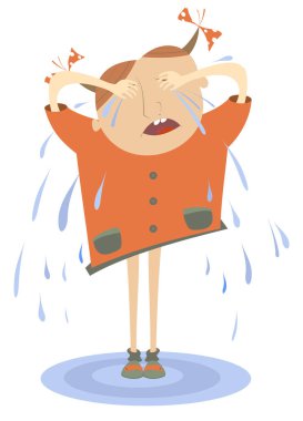 Ağlayan kız ve havuz izole gözyaşı illüstrasyon karikatür. Ağlayan kız beyaz izole gözyaşı dolu havuzdaki ayakta