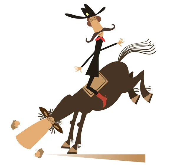 Man Cowboy Rides Horse Isolated Illustration Cartoon Mustache Cowboy Rodeo — Stock Vector