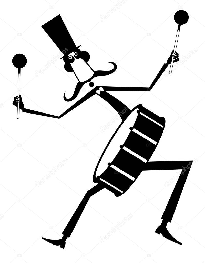 Funny mustache drummer isolated illustration. Mustache man in the top hat beats a big drum using drumsticks in both hands black on white illustration