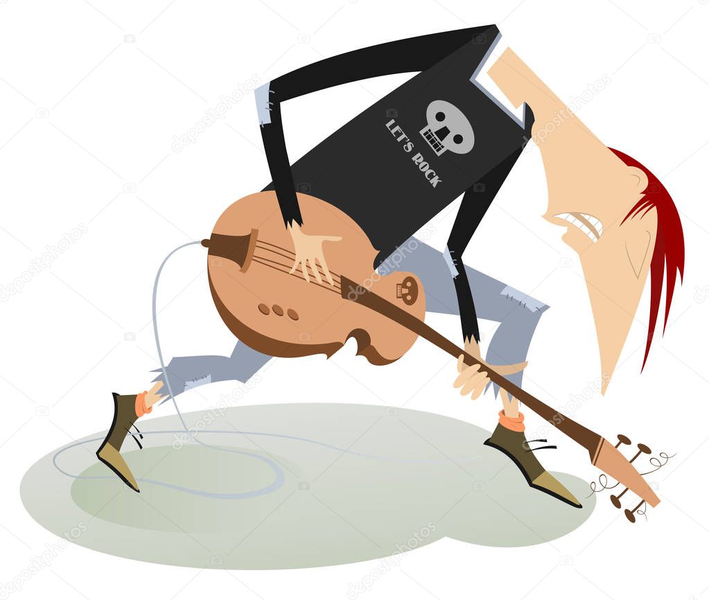 Cartoon guitar player illustration isolated. Smiling guitarist is playing music on electric guitar with the great inspiration isolated on white illustration