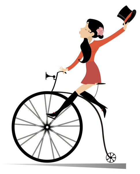 Attractive young woman rides a vintage bike isolated. Attractive young woman holds a top hat in the hand rides a vintage bike isolated on white illustration