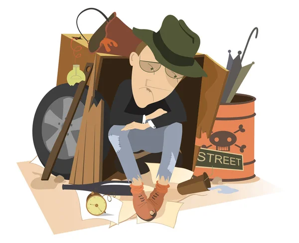 Smutný Muž Bez Domova Izolované Ilustrace Hlad Chlazené Muž Sedí — Stockový vektor