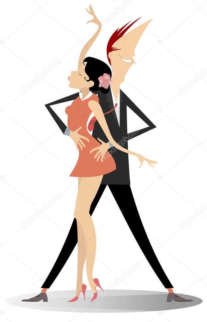 Romantic dancing young couple illustration isolated. Funny dancing young man and woman isolated on white illustration