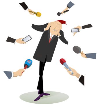 Mass media and tired and upset man illustration. Hands of reporters with microphones surround the tired and upset man who puts arms on the head and does not want to hear or see anything isolated on white illustration clipart