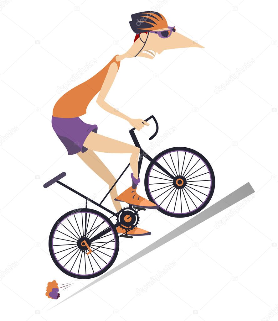 Tired cyclist rides a bike isolated illustration. Tired cartoon cyclist man in helmet overcomes a steep ascent isolated on white illustration