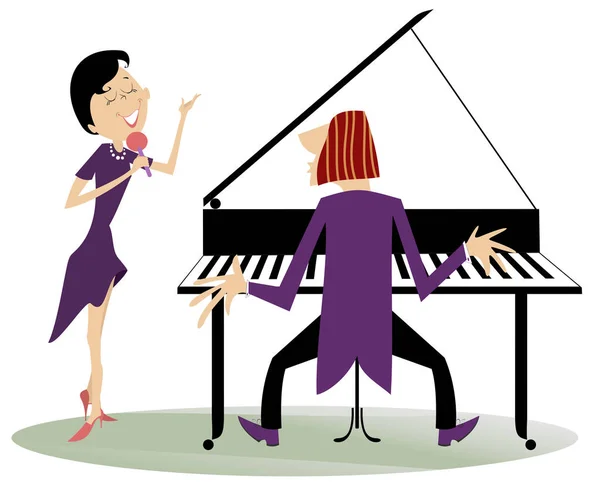 Pareja Músicos Cantante Mujer Pianista Hombre Ilustración Aislada Dueto Mujer — Vector de stock