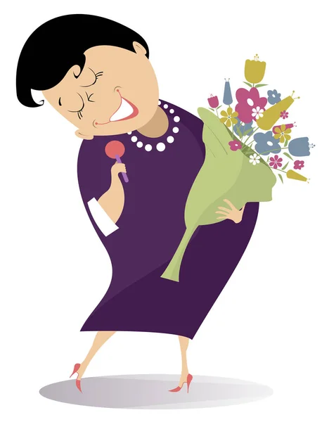 Romantische Zanger Vrouw Geïsoleerd Illustratie Cartoon Vrouw Met Bloemen Microfoon — Stockvector