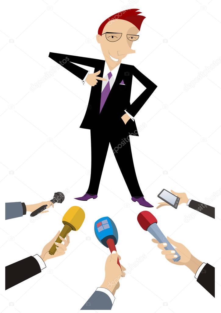 Mass media obtain an interview from cheerful man illustration. Reporters interview a smiling and proud man who points a finger to his chest isolated on white illustration