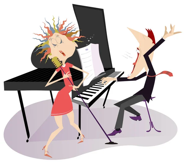 Pareja Músicos Cantante Mujer Pianista Hombre Ilustración Aislada Dúo Expresivo — Vector de stock