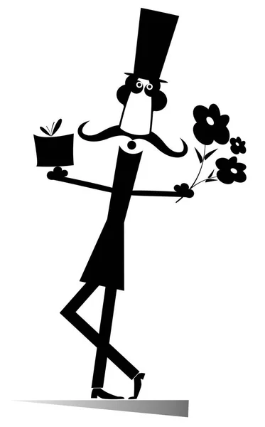 花と白いイラストを現在黒のシルクハットの男 漫画花と分離された存在シルエット シルクハットの男 — ストックベクタ
