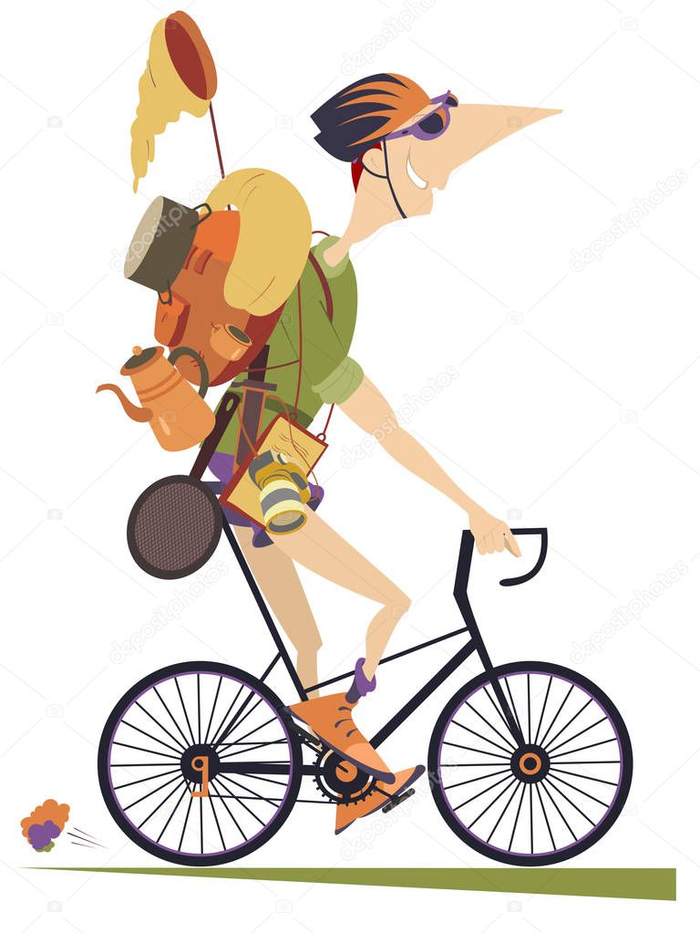 Traveler man rides a bike isolated illustration. Smiling traveler in helmet with rucksack and outfit rides a bike and looks healthy and happy isolated on white illustration