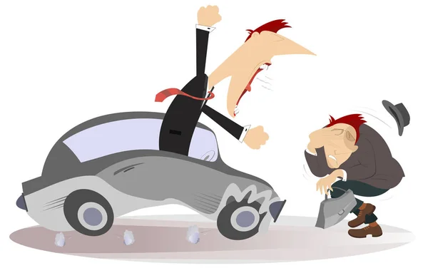 道路事故例证 愤怒的司机男子摆动他的拳头和哭泣的行人孤立的插图 — 图库矢量图片