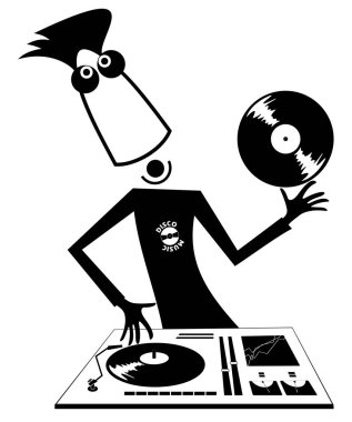 Komik Dj illüstrasyon karikatür. Kontrol panelindeki siyah üzerinde beyaz illüstrasyon müzik performans Dj gülümseyen 