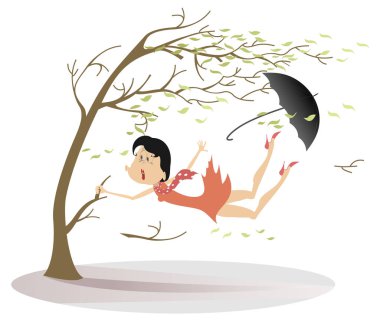 Güçlü rüzgar, şemsiye ve kadın kesik kesik bir ağaç illüstrasyon kadar. Güçlü rüzgar, yaprak ve hayatı üzerinde beyaz illüstrasyon izole bir ağaç kapış tutmaya çalışıyorum bir kadın kayıp şemsiye uçan