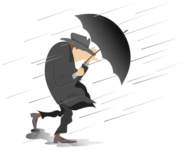 Сильный Ветер Дождь Человек Шляпе Зонтике Изолированные Иллюстрации Вихрь Дождь — стоковый вектор