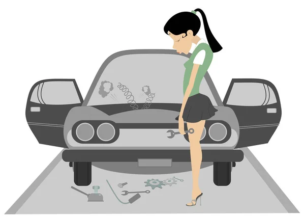 哀伤的年轻妇女和残破的汽车例证 沮丧的女人与头部和扳手在手站在附近一个破碎的汽车孤立的插图 — 图库矢量图片