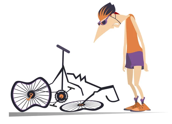 Ciclista Una Bicicleta Rota Ilustración Aislada Triste Ciclista Pie Cerca — Vector de stock