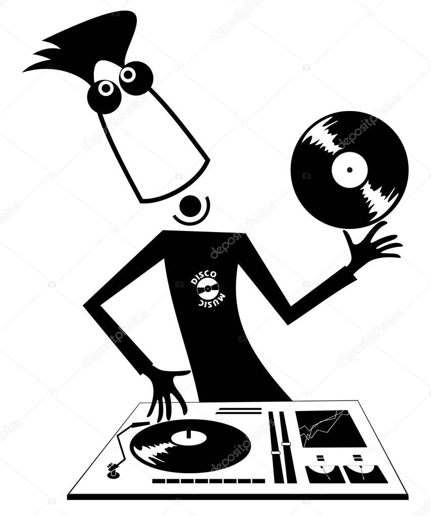 Cartoon funny DJ illustration. Smiling DJ performing music on the control panel black on white illustration 