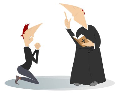 Rahip ve dua adam illüstrasyon diz çöker. Adam olması için dua diz çöker ve bir dua kitabı üzerinde beyaz illüstrasyon izole vaaz bir rahiple