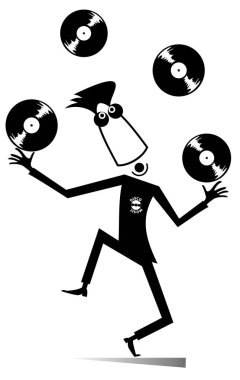Komik Dj veya müzik aşığı illüstrasyon karikatür. Gülümseyen adam kayıtları üzerinde beyaz resimde siyah yukarı atar 
