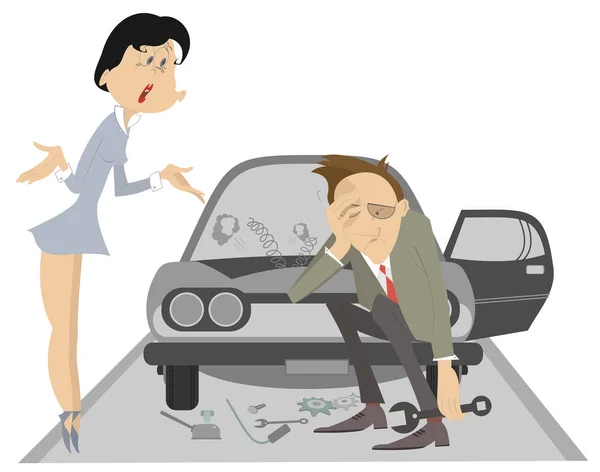 Sad Man Angry Woman Broken Car Illustration Upset Woman Asks — Stock Vector