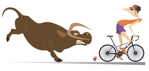 Toro Enojado Ilustración Dibujos Animados Ciclista Ciclista Asustado Escapa Del — Vector de stock